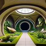 An underground garden showcasing the integration of nature and architectural foundations, with artistic lighting enhancing the beauty.