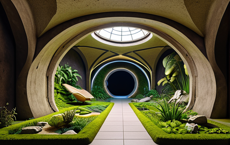An underground garden showcasing the integration of nature and architectural foundations, with artistic lighting enhancing the beauty.